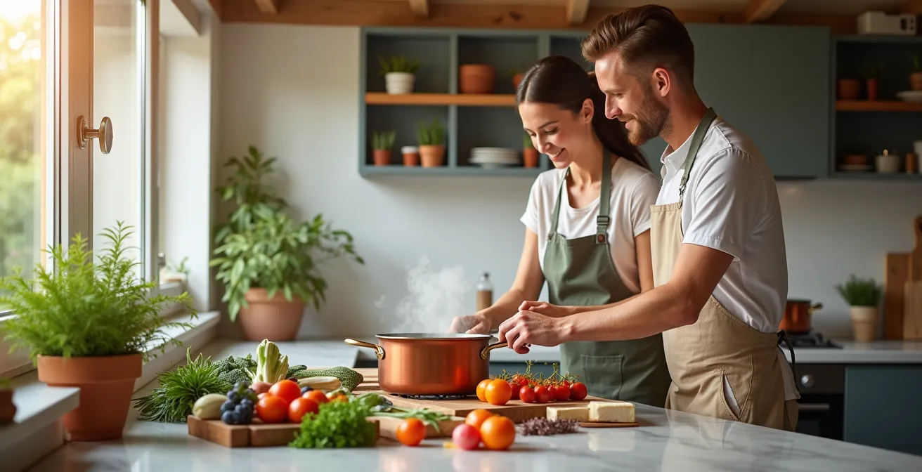 Paar bereitet gemeinsam regionale deutsche Spezialitäten in gemütlicher Küche zu