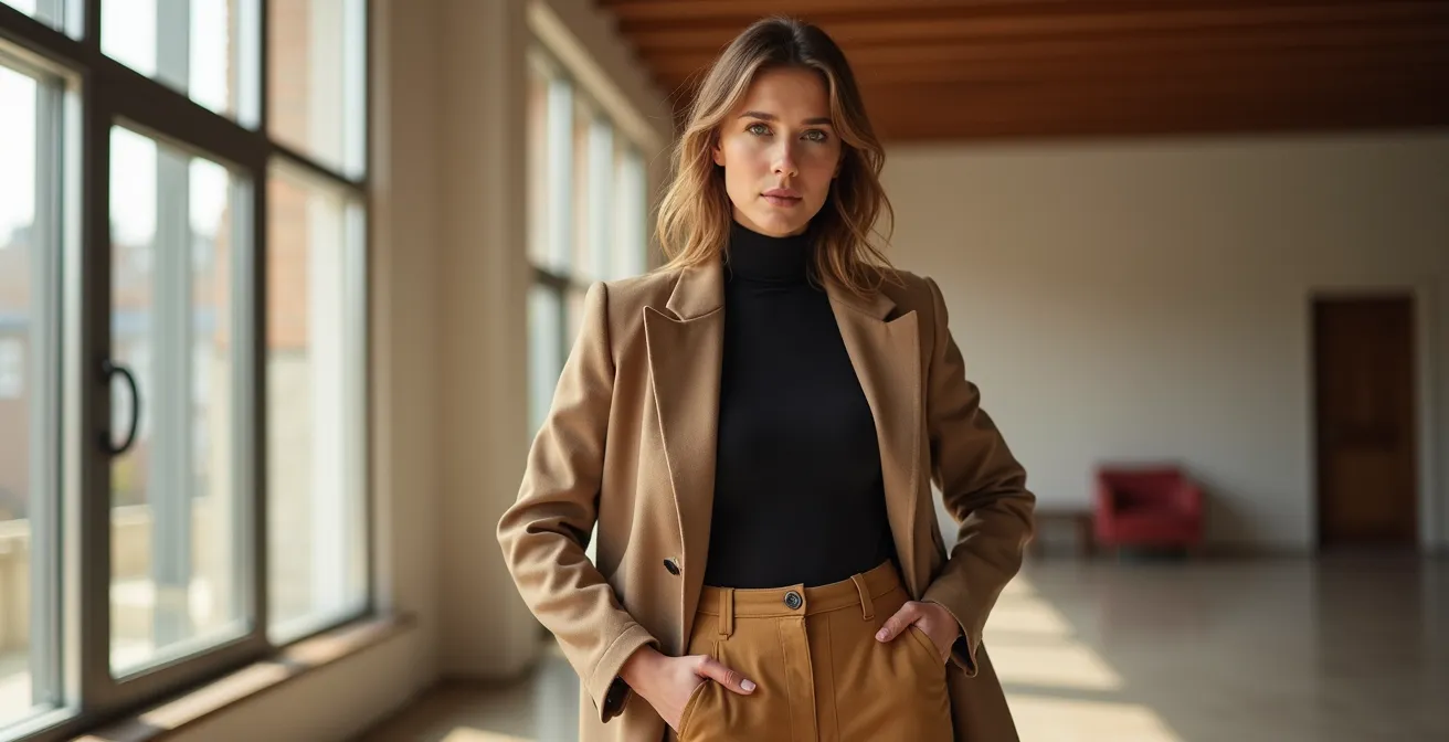 Eine Frau demonstriert die 1/3 zu 2/3 Proportionsregel mit einer hoch taillierten weiten Hose und einem eng anliegenden Oberteil.