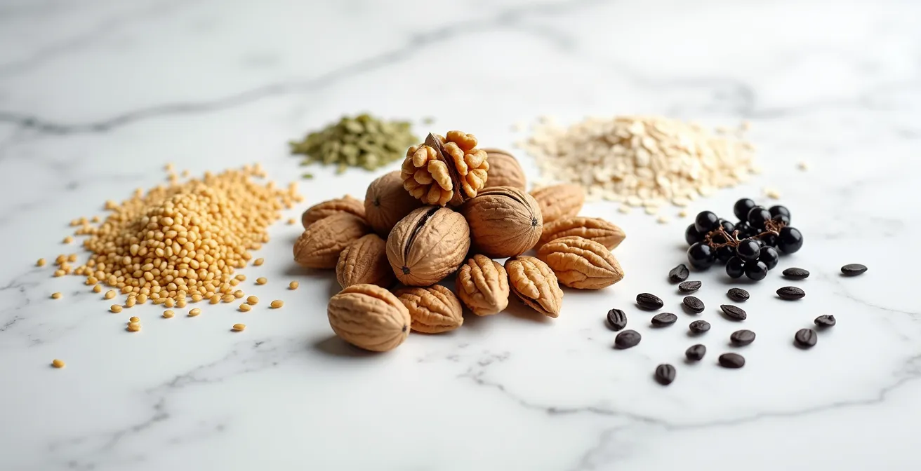 Deutsche Superfoods für gesundes Haar arrangiert in natürlichem Licht