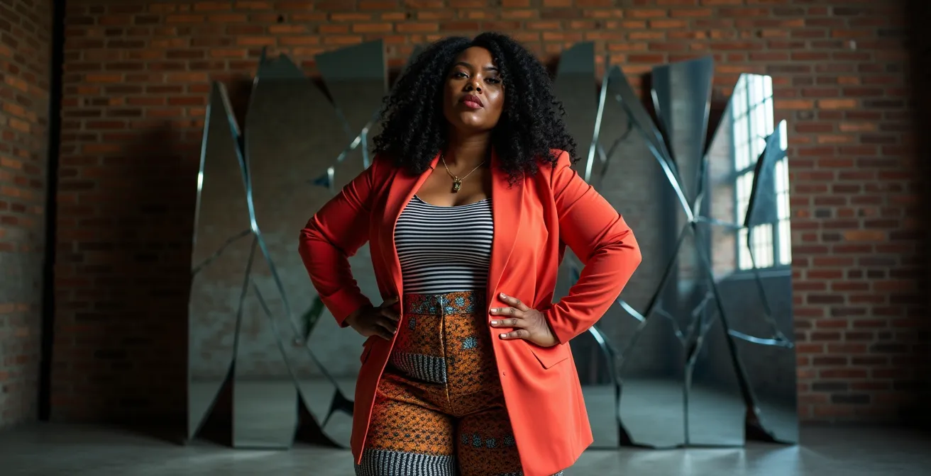 Selbstbewusste Frau mit Kurven in einer mutigen Musterkombination, die traditionelle Moderegeln bricht.