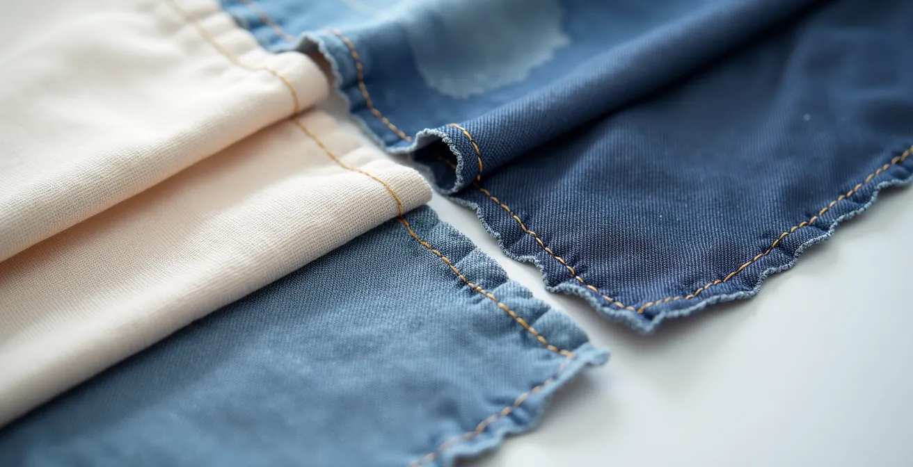 Makroaufnahme, die den Unterschied in der Textur und dem Fall von fließender Viskose und strukturiertem Denim zeigt.