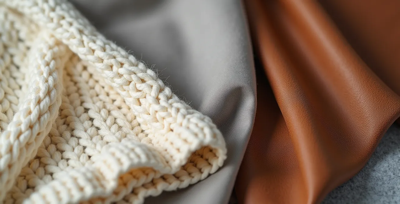 Nahaufnahme verschiedener Stofftexturen in harmonischer Anordnung, die die visuelle Tiefe eines Outfits demonstrieren.