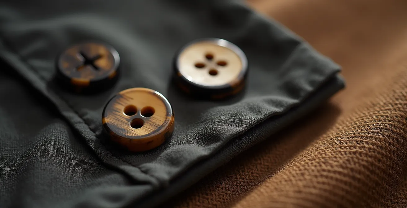 Makroaufnahme von hochwertigen Hornknöpfen und Gabardine-Stoff eines Trenchcoats