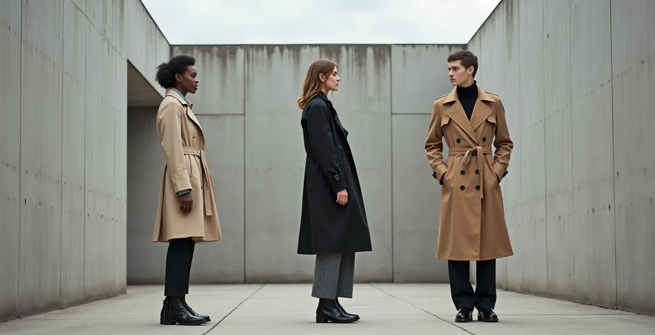 Drei Trenchcoat-Silhouetten nebeneinander in verschiedenen Längen vor urbanem Hintergrund