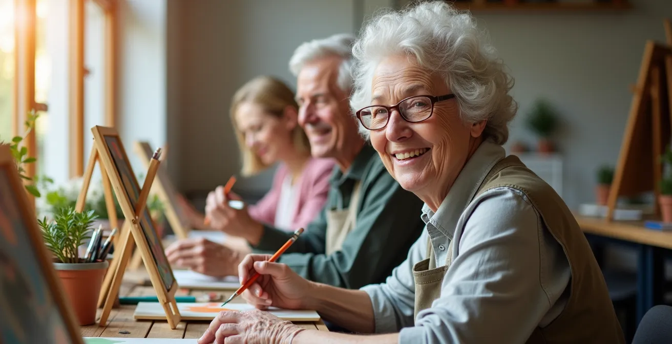 Gruppe aktiver Senioren in einem Kunstkurs an der Volkshochschule, die Lebensfreude ausstrahlen
