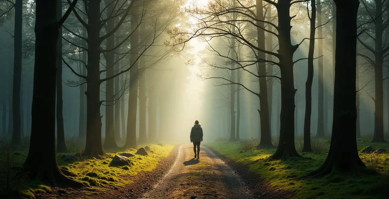 Person beim meditativen Waldbaden im deutschen Mischwald