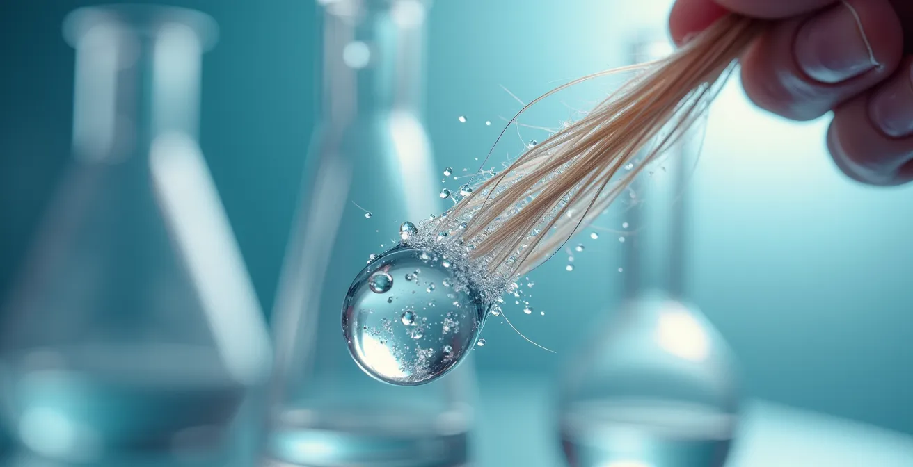 Makroaufnahme eines Haares im Elastizitätstest mit Wassertropfen